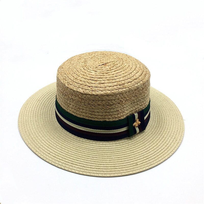 Vrouwen Gestreepte Band Raffia Schipper Natuurlijke Strooien Hoed Meisjes Platte Rand Zomer Strand Floppy Strooien Hoed Met Brede Band