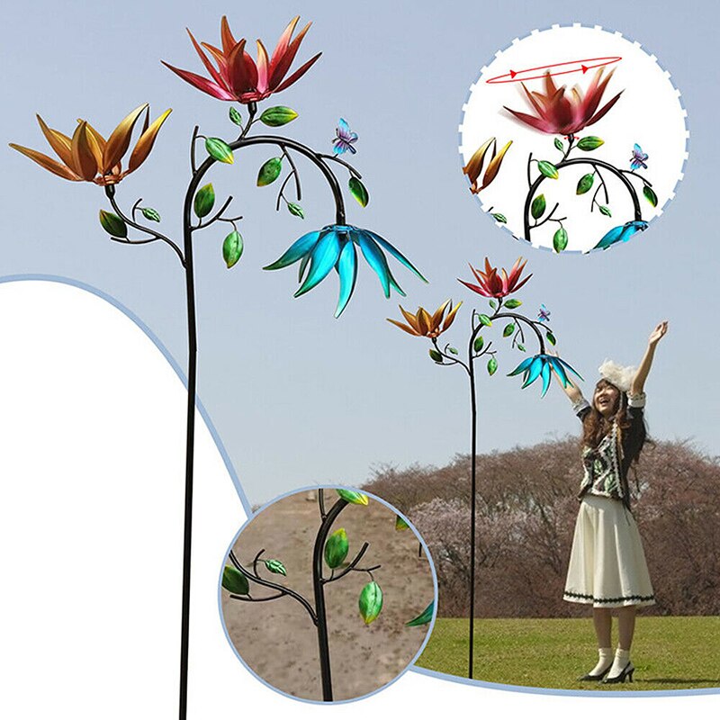 Grand moulin à vent rotatif en métal, avec papillon et trois fleurs, décoration de jardin