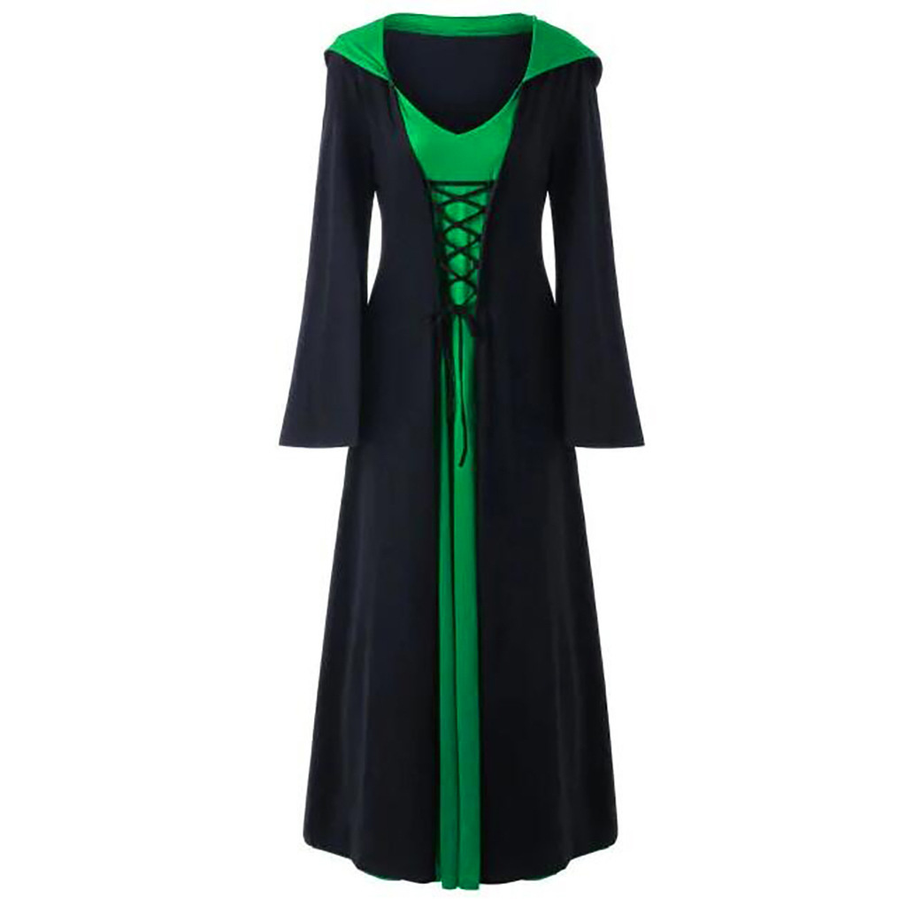 Medieval Dress For Women Lace-up Vintage Hooded Cloak Robe Adult Costume Retro Cosplay Halloween Scary Vampire Witch Long Dress: XXXL / green