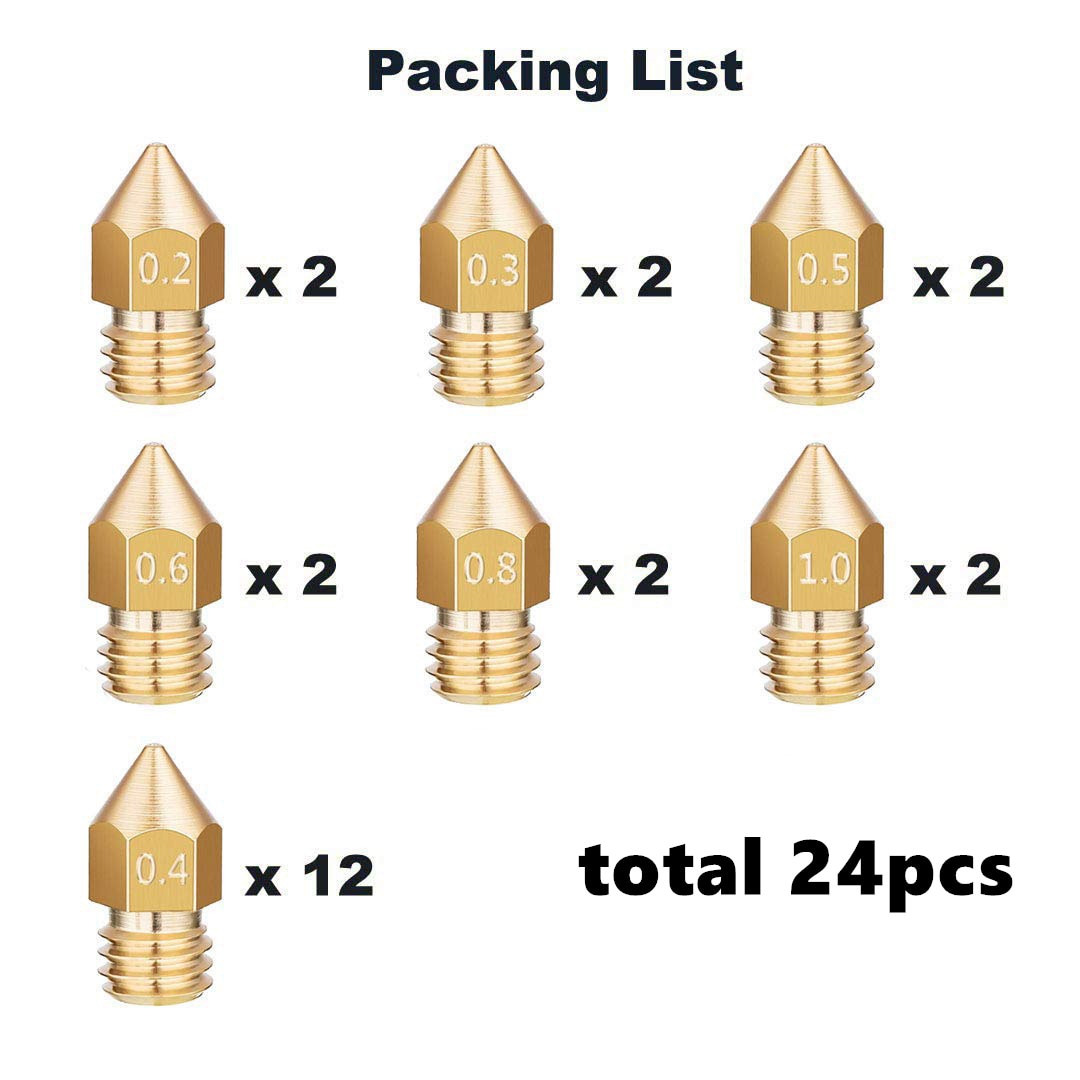24 Stck 3D Drucker Düsen MK8 Extruder Düsen 0,2mm 0,3mm 0,4mm 0,5mm 0,6mm 0,8mm 1,0mm für Makerbot Creality CR10 Ender 3 5