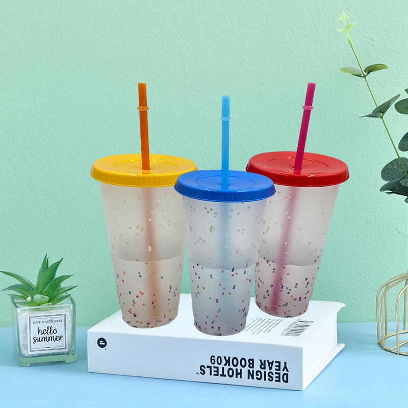 vaso plástico reutilizable de confeti que cambia de Color con tapa y pajita taza fría mágica taza de agua café botellas de agua
