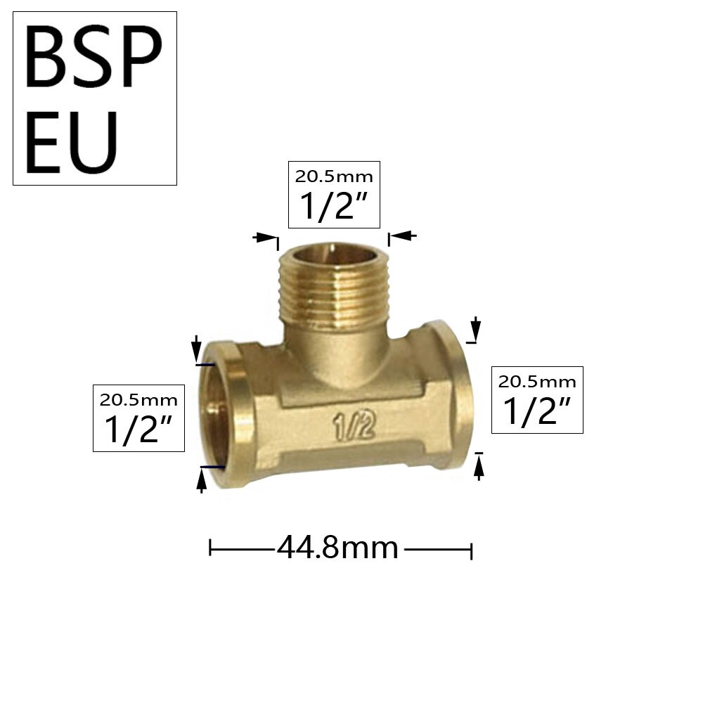 Brass 1/2 Inch Male Female Thread Coupler Tee Water Hose Splitter Copper 3-Way Connector Fitting Tube Water Plumbing Joints: B