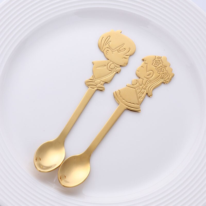 Cucharas de café románticas para pareja, cucharillas de té de colores, cubertería pequeña plateada, cuchara de postre de pastel dorado para I &amp; U, 2 uds.: Gold 1 set