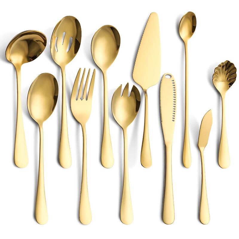 Couverts colorés en acier inoxydable, 6-24 pièces, couteau, fourchette, cuillère, service de table, vaisselle en or, service de table, ustensiles de cuisine: Gold-11PCS