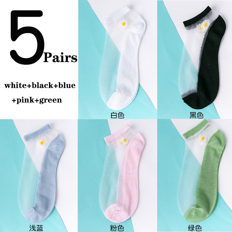 5 par/parti damesokker til sommer ultratynde gennemsigtige silkestrømper af glasfiber daisy flower japan ankelsokker: Parti 3
