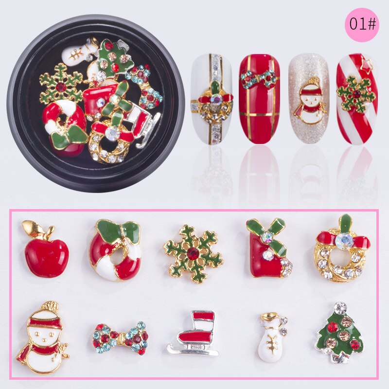 1 pot mix 10 stilarter juleperler legering snefnug snemand julemand rhinestone neglekunst juledekoration telefon ædelsten tip
