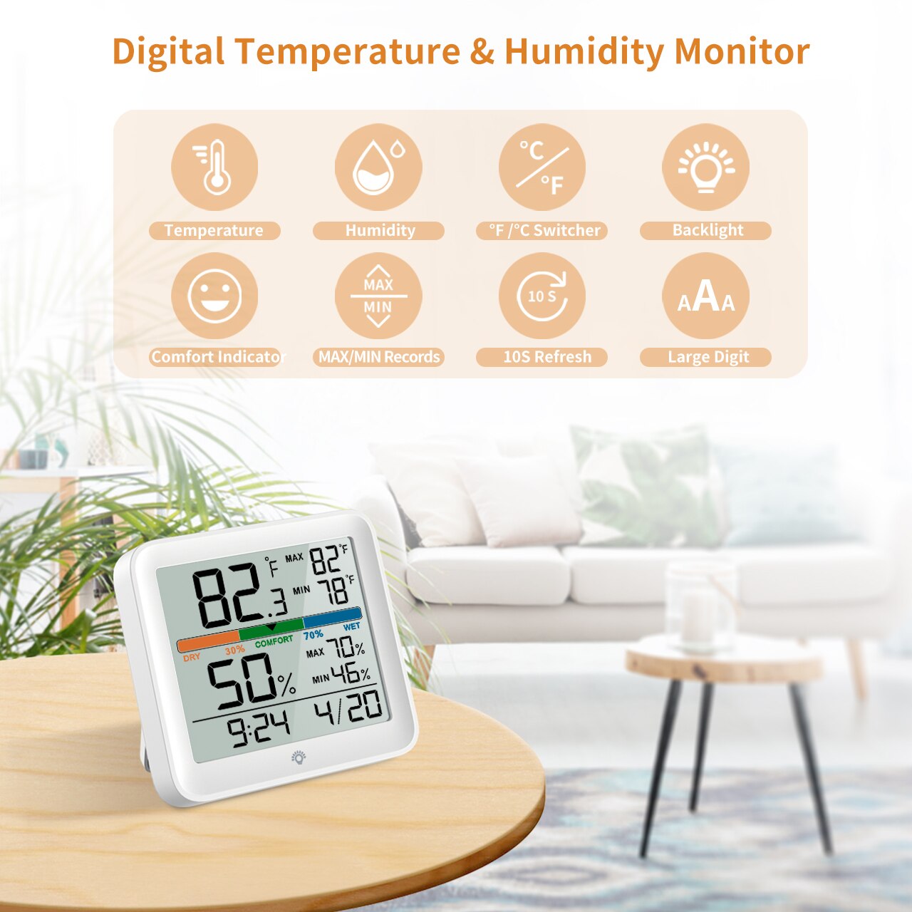 New miiiw temperature and humidity clock for home indoor use, high-precision baby room temperature/humidity monitor with backlight and large lcd screen.