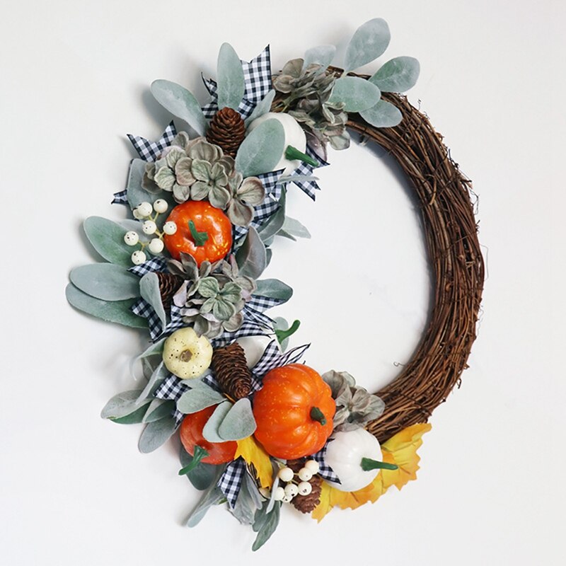 Artificial Fall Wreath, Autumn Wreath with Leaves Pumpkin Pine Cone and Berries, for Front Door Thanksgiving Decoration