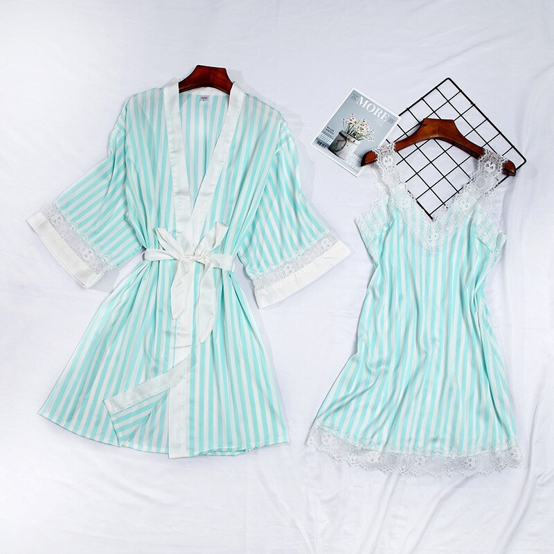 Camisón de seda con bata para mujer, conjunto de ropa de dormir de 2 piezas, de manga larga, para estar en casa: B / M