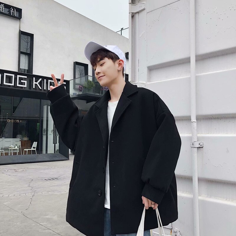 Abrigo de lana para hombre, coreana, de ocio, novedad, abrigos para hombre de un solo pecho, ropa de invierno Harajuku, mezcla suave: S