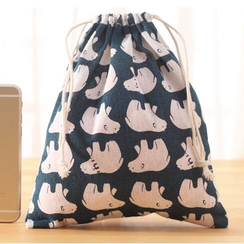 Handmade Cotton Linen Women Drawstring Bags Casual Cartoon Print Travel Home Storage Bag Environmental Reusable Fabric Pouch Bag: bear M