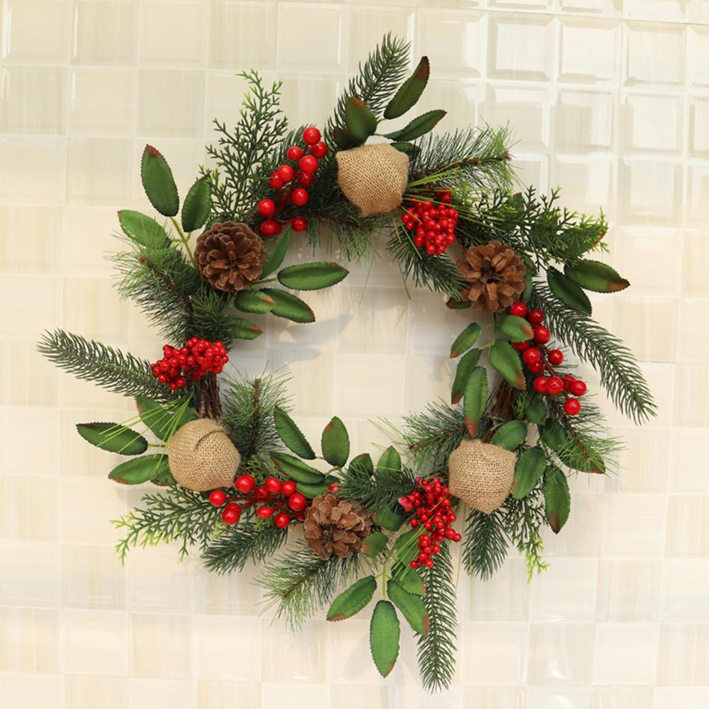 18IN Christmas Wreath Window Door Decoration Advent Garland Red Berries Evergreen Leaves Burlap Ball Christmas Wreath
