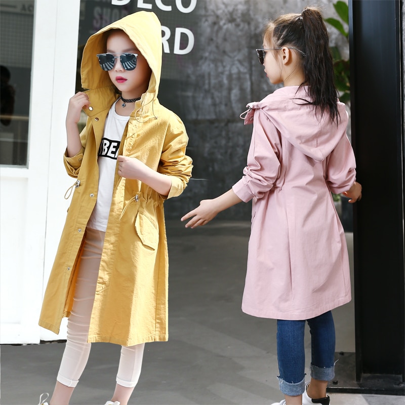 Vår höst tjejer trenchcoat bebis barn ren färg vindjacka kläder huvjacka ytterkläder tonårs lång kappa