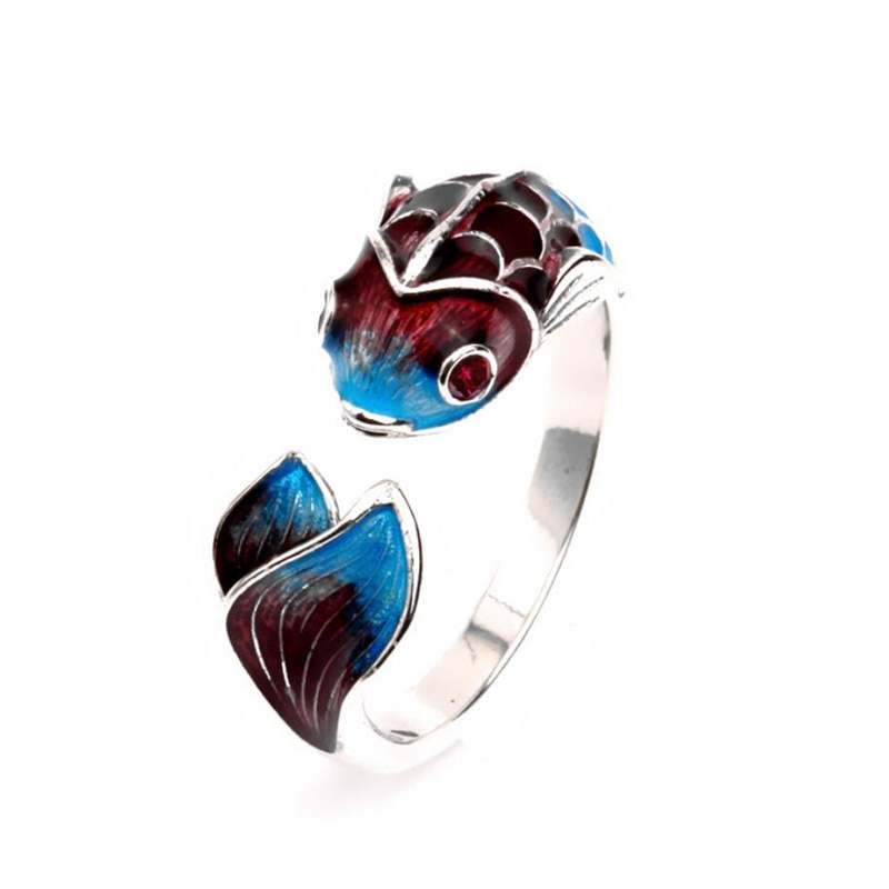 Bague unique en argent Sterling 925, taille unique, goutte à goutte colorée, carpe, porte-bonheur originale, redimensionnable, SRI588