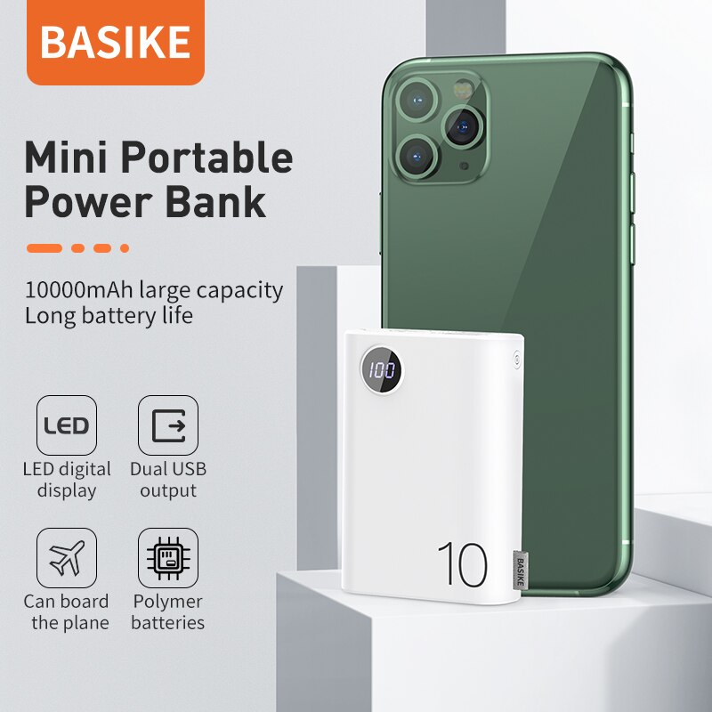 Mini powerbank basike pf23p 10000mah, bateria recarregável portátil, bateria branca, bateria externa para xiaomi, huawei, iphone