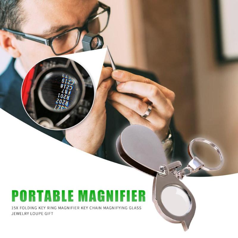 15X Magnifier Metallic Silver Foldable Portable Mini Exquisite Durable Keychain Glass Loupe Pocket Tool Supplies