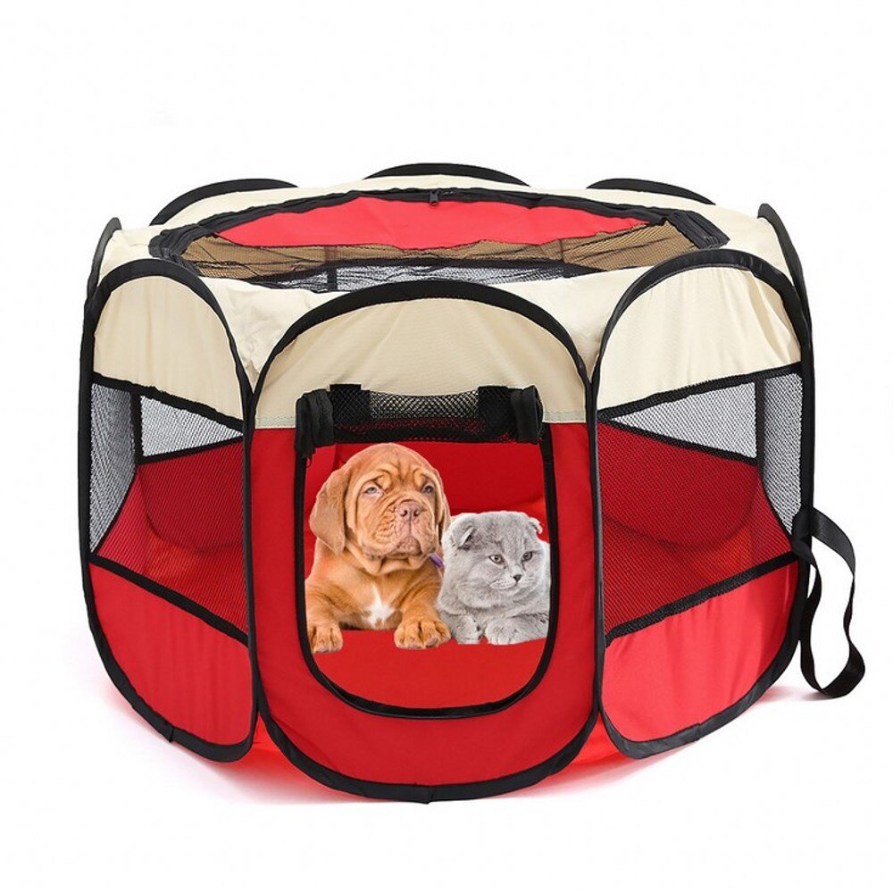 Portable Outdoor Dog Kennels Fences Pet Tent Folding Dog House Cage Dog Cat Tent Playpen Puppy Bed Waterproof Pet Fence: Beige Red / 91x91x58cm