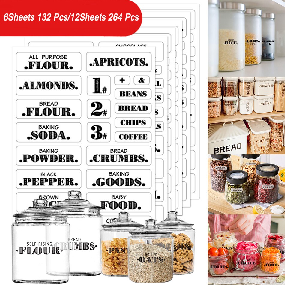 Kitchen Pantry Labels For Containers Transparent Food Stickers Home Storage Jar Waterproof Self-Adhesive Sticker 6/12 Sheets