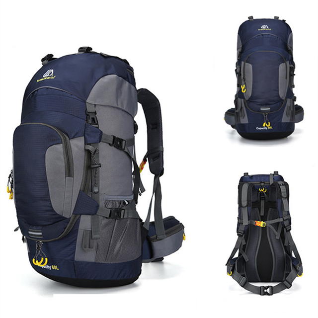 Mochila de 60 litros para deportes al aire libre, mochila de Camping, viaje, montañismo, senderismo, impermeable, cubierta de lluvia: BLUE