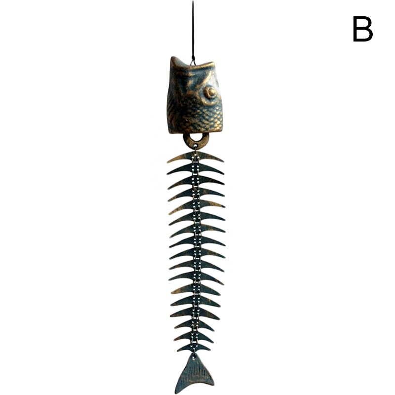 Fishbones Windgong Klassieke Retro Visgraten Windgong Ornamenten Metalen Windgong Tuin Woonkamer Balkon Decor J: type b fish open mou