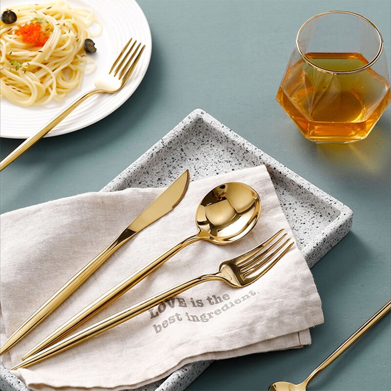 Golden Glossy Fork Knife Dinnerware Set Coffee Spoon Dessert Fork Chopsticks Kitchen Gadget Flatware Stainless Steel Tableware