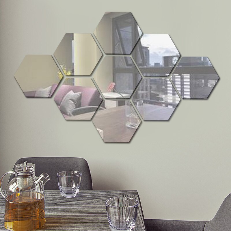 12 st diy silver reflekterande hexagon speglar espejos väggspegel klistermärke väggdekaler dekor för vardagsrum hus väggdekoration