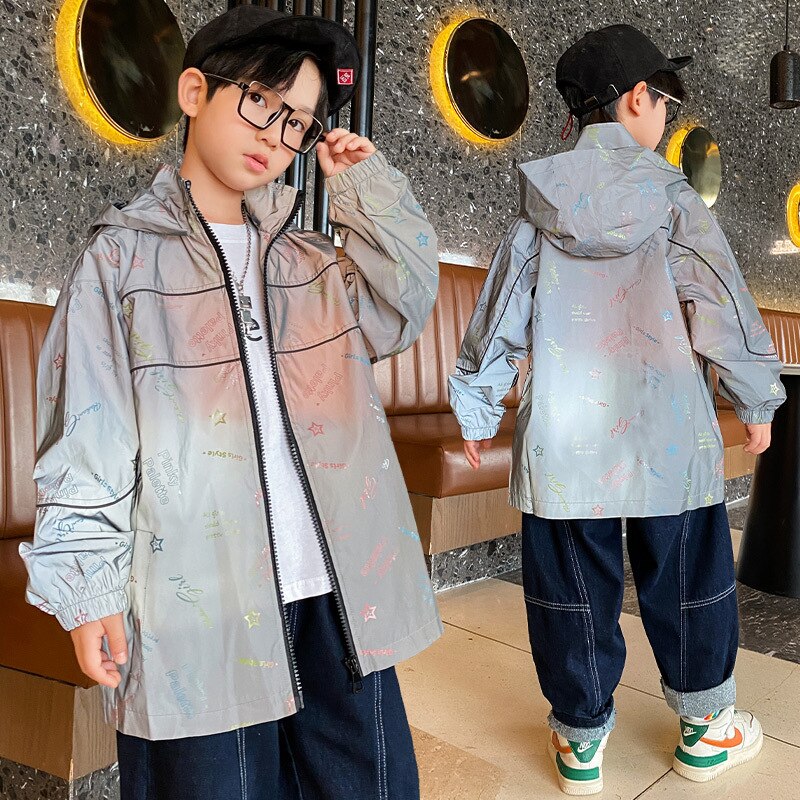 Spring Reflective Hoodies Coat Hip Hop Luminous Jacket Night Reflective Sports Outerwear Kid Boy Graffiti Casual Street Wear