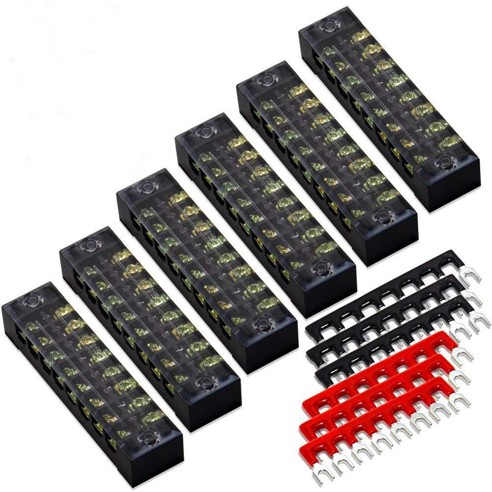 Terminal Block 8 Positions 600V 25A Dual Row Screw Terminals Strip Cover 400V 25A Pre-Insulated Terminal Barrier Jumper Strips: 15A 8P 6pcs Jumpers