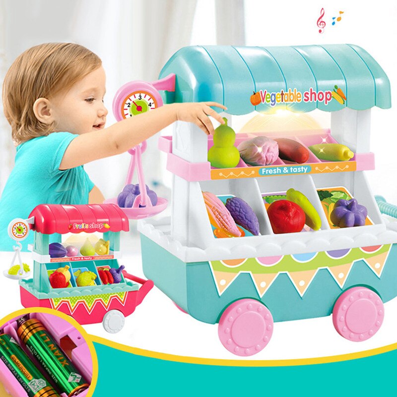 Grappige Winkelwagentje Speelgoed Simulatie Mini Voedsel Groente Fruit Winkel Trolley Kar Met Led Licht Muziek Pretend Play Boodschappen Speelgoed