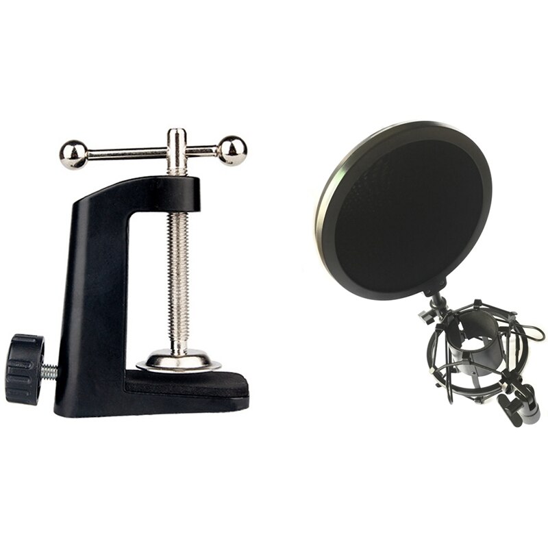 1 Set Microphone Mic Shock Mount with Shield Articulating Head Telescoping &amp; 1 Pcs Metal Table Mounting Clamp: Default Title