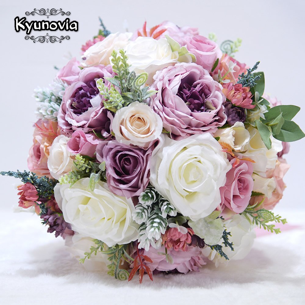 Kyunovia nowy bukiet ślubny Lvory i rumieniec różowa piwonia ślubny kwiat jedwabny bukiet ślubny buque de noiva ramos de novia GC9