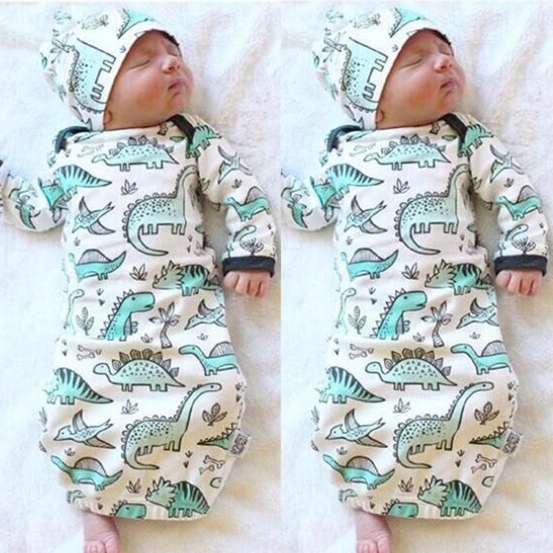 Vtom Pasgeboren Baby Nachtkleding Kinderen Gewaad Baby Baby Jongens Meisjes Cartoon Dinosaurus Baby Winter Slapen Slijtage Hoed 2 Stuks Set