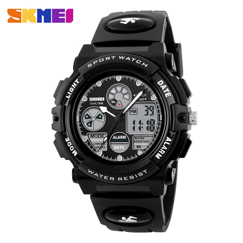 SKMEI Sports Watches Children LED dIgital 50M Waterproof Dual Display Wristwatches Watch Alarm For Boys Girls Kids 1163: Black