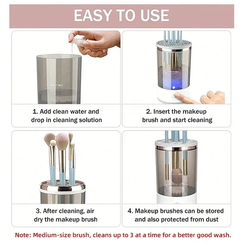 Electric Makeup Brush Cleaner Machine 3-in-1: USB Charging, Automatic Cosmetic Brush Quick Dry Cleaning Tool