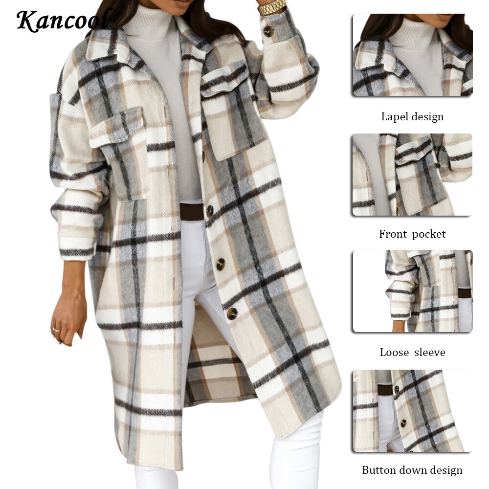 Kancool Gecontroleerd Vrouwen Jas Down Overjas Warme Plaid Lange Knop Revers Jas Oversized Dikke Wollen Blend Vrouwelijke Streetwear