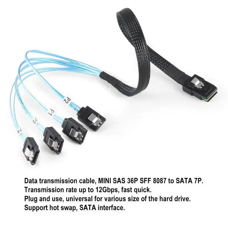 SAS SATA-kabel Mini-SAS SFF-8087 naar 4 SATA-kabel Mini SAS 4i SFF8087 36P naar 4 SATA 7P-kabel 12Gbps 50cm harde schijfgegevens
