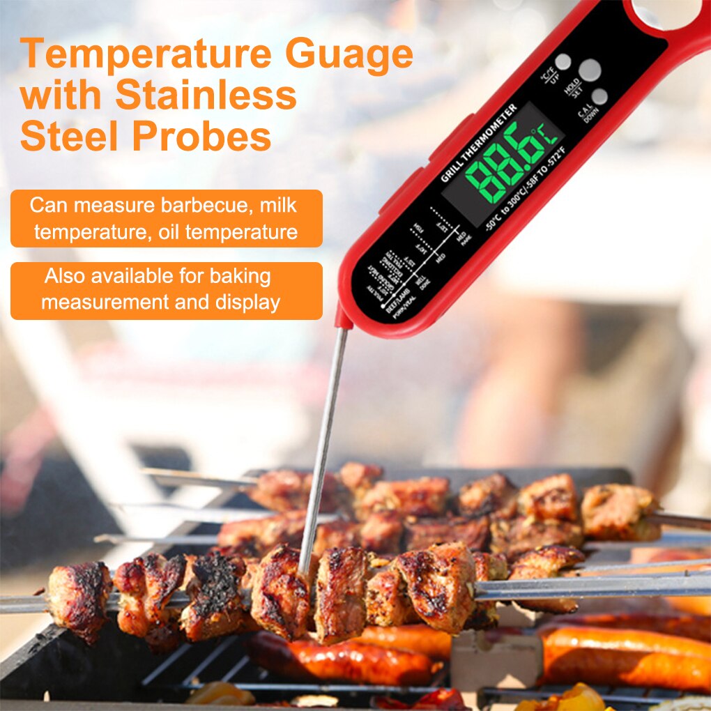 Food Thermometer Stainless Steel Probe LCD Digital Instant Read High Accuracy Fodable Over-temperature Clock Temperature Guage