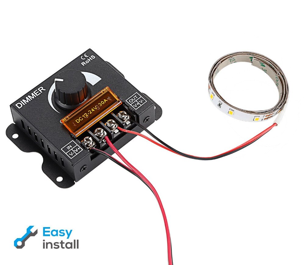 PWM Dimming Controller for LED Strip Light, DC 12V - 24V Dimmer Knob ON/OFF Switch with Aluminum Housing, Single Channel 30A