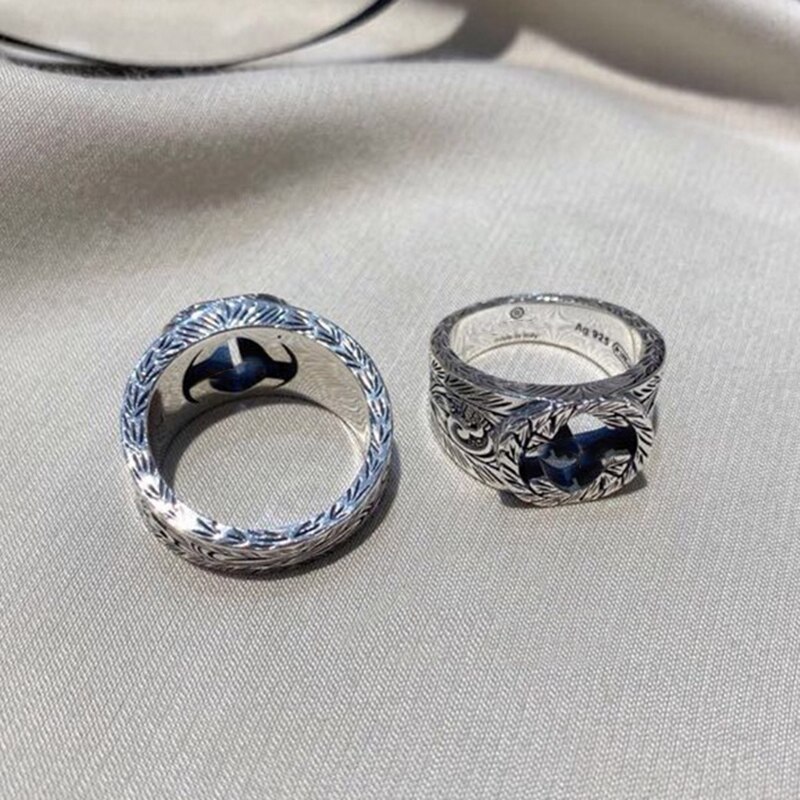 Glamour Original Logo Couple Rings,S925 Pure Silver 1:1 GC Retro Wide Pattern Carved G Ring Classic Laides Men Jewelry