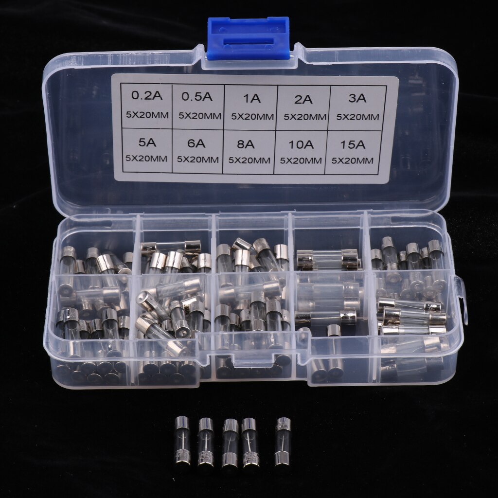 100 Pieces 5mmx20mm Quick Fast Blow Glass Assorted Fuse Amp 0.2A-15A