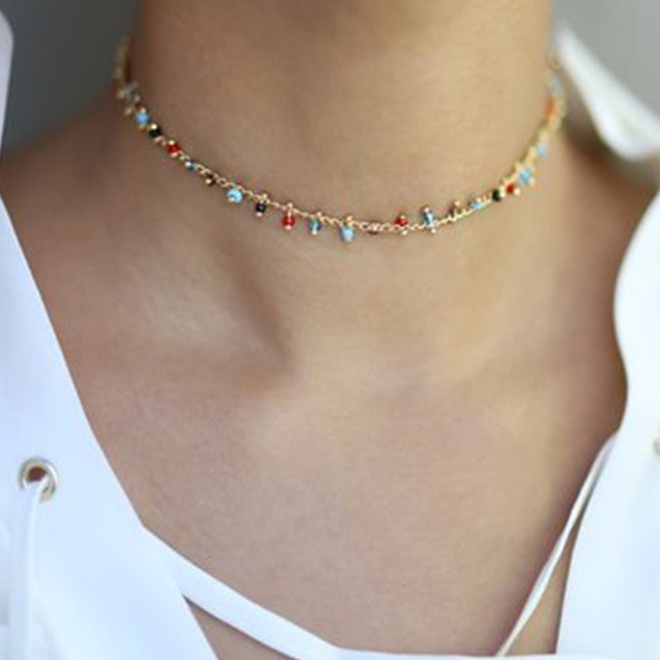 Chic Multi-color Crystal Bead Short Round Pendant Necklace Women Chocker Adjustable Necklace Female Party Jewelry