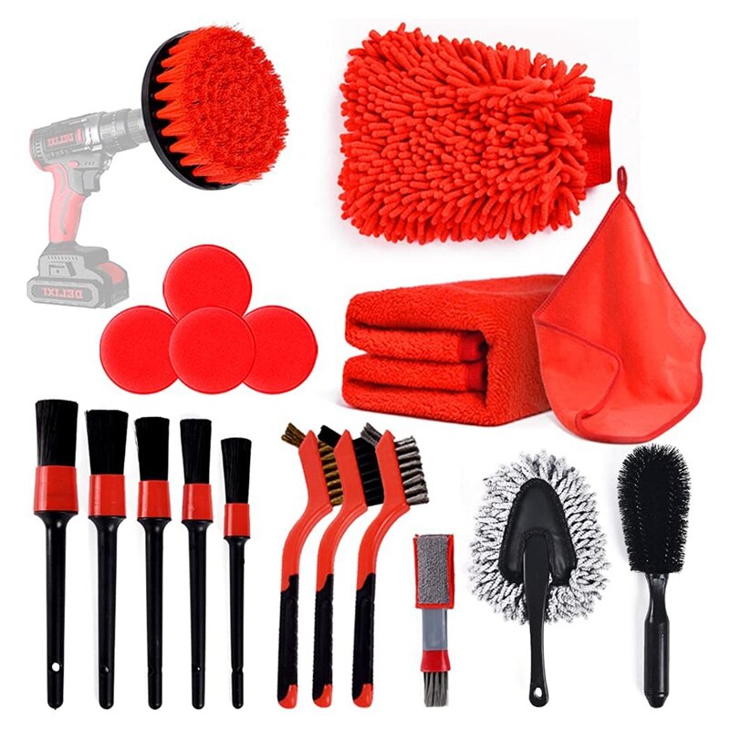 19 Pcs Car Detailing Kit Internal And External Detail Tool Kit Detailing Brush Set Drill Brush Set For Cleaning Wheels