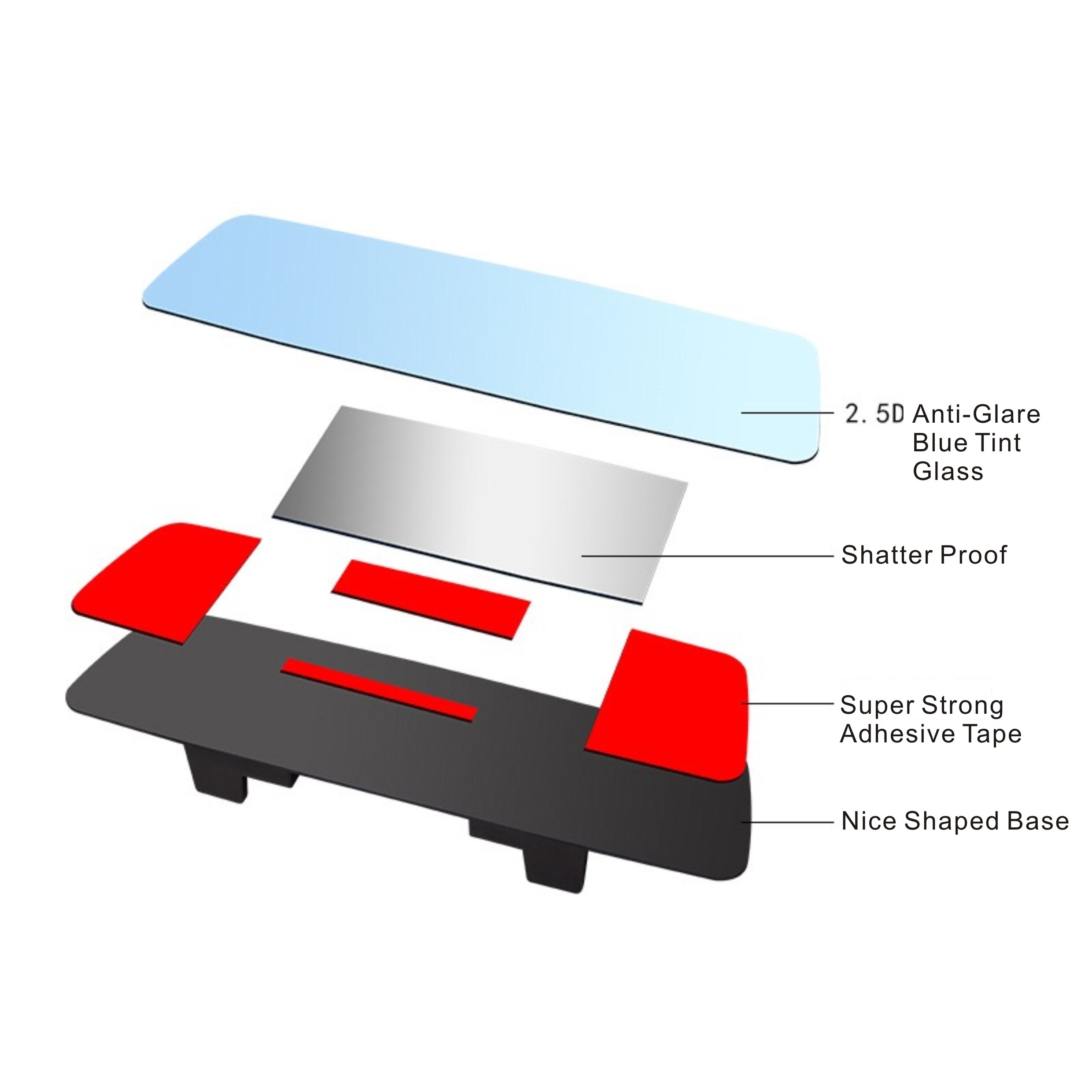Espejo retrovisor azul de 280mm, sin marco, antideslumbrante, a prueba de roturas, , 11 pulgadas