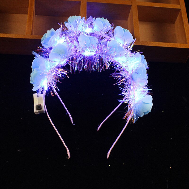 Diadema de flores con luz LED para niña y mujer, guirnaldas de pelo brillantes, suministros para de cumpleaños y Rave: Azul cielo