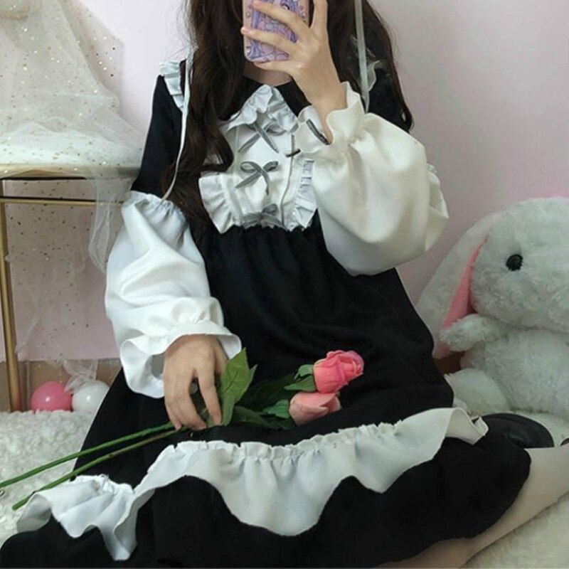 Japanese Lolita Dress Sweet Cute Kawaii Girls OP Princess Maid Vintage Ruffles Dress Women Gothic Long Sleeve Black Party Dress