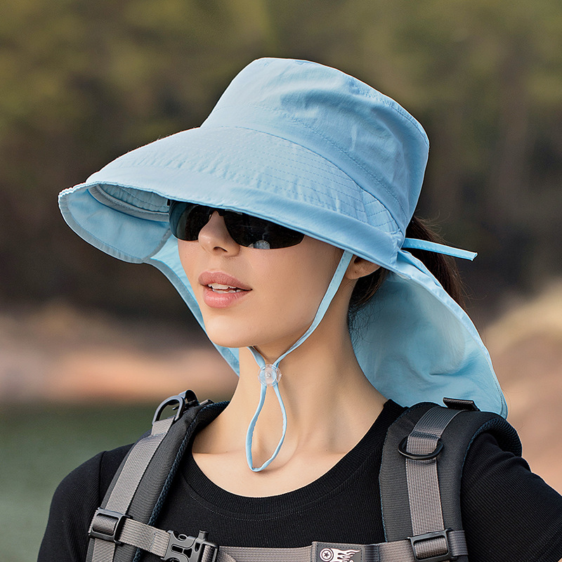 Verão Cor Sólida Bow Tie Bucket Hat para As Mulheres Xaile Integrado Sun Hat Outdoor Anti-UV Pesca Hat Senhoras Praia Caminhadas Hat: Azul