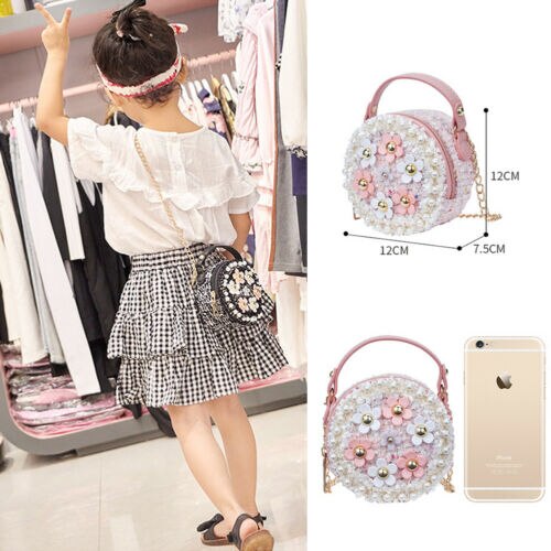 Cute Kid Girl Princess Handbag Sling Shoulder Bag PU Round Messenger Crossbody Purses Beading Stylish Zipper Wallets