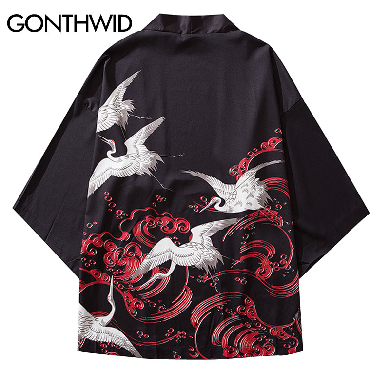 Gonthwide harajuku krantryk japansk stil kimono cardigan haori jakker streetwear afslappet åben frontfrakker hip hop jakke