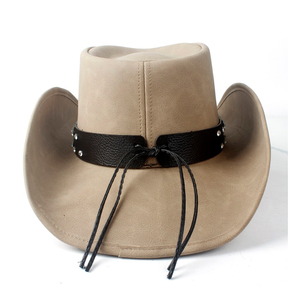 Retro Unisex Western Cowboy Cowgirl Hat With Punk Leather Ribbon Lady Dad Sombrero Cap Roll Up