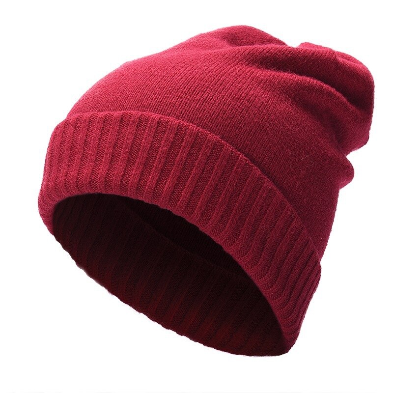 Zachte warme kasjmier muts met omslag, effen gebreide muts met omslag, unisex stijl, stretch schedel skimuts: Wijnrood